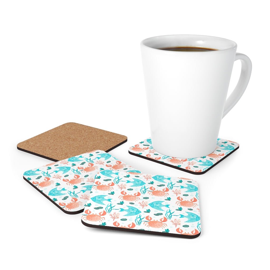 Crabs and Fishes Corkwood Coaster Set - Puffin Lime