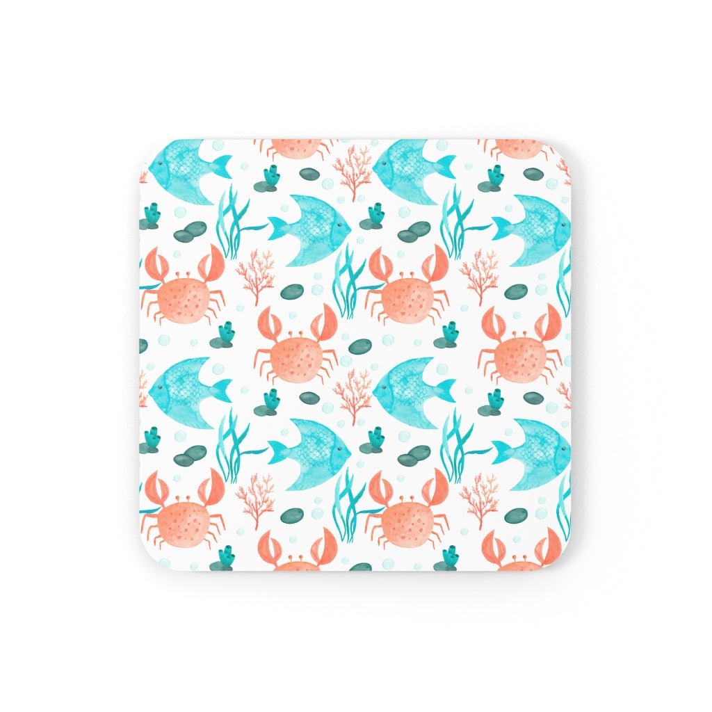 Crabs and Fishes Corkwood Coaster Set - Puffin Lime