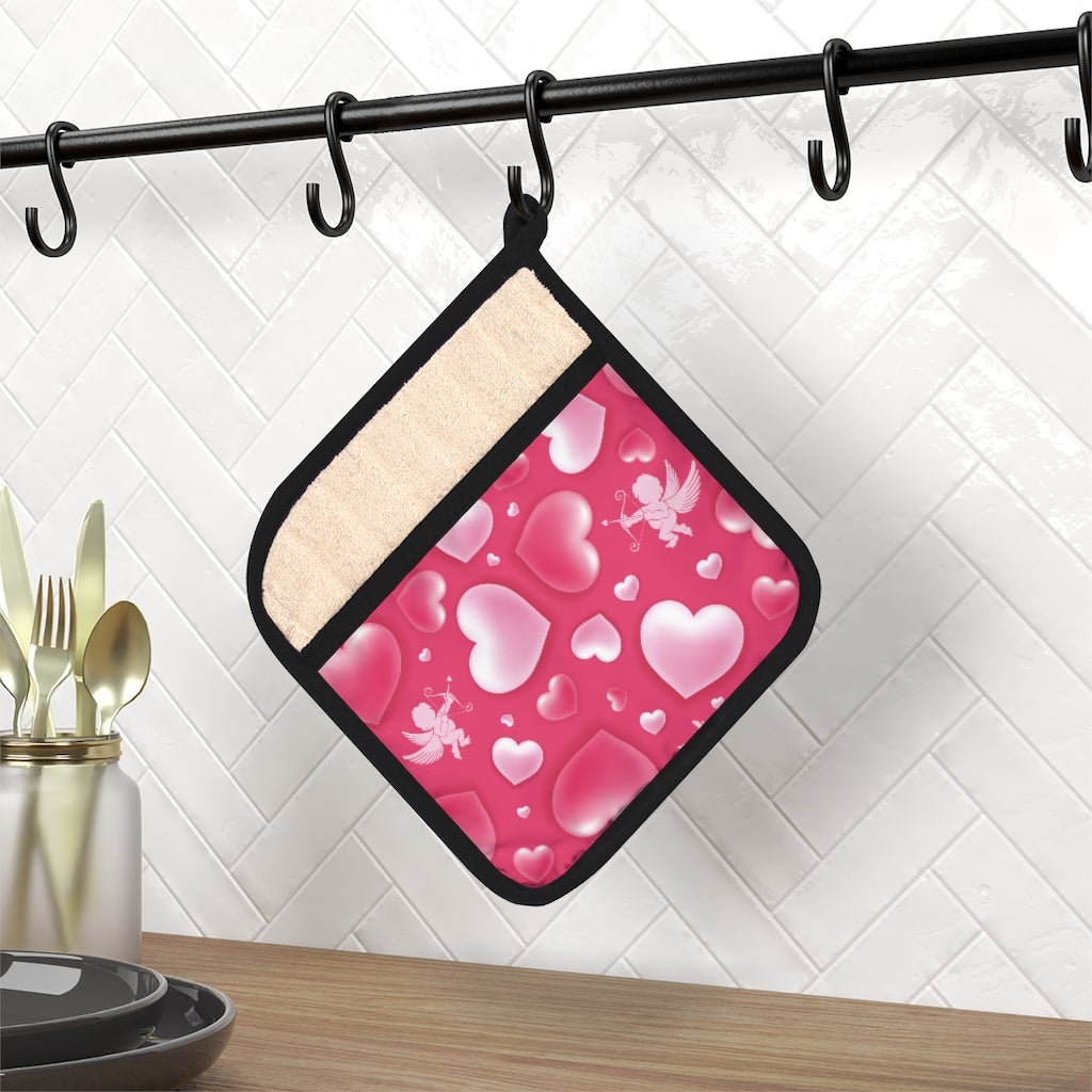 Cupid and Hearts Pot Holder with Pocket - Puffin Lime
