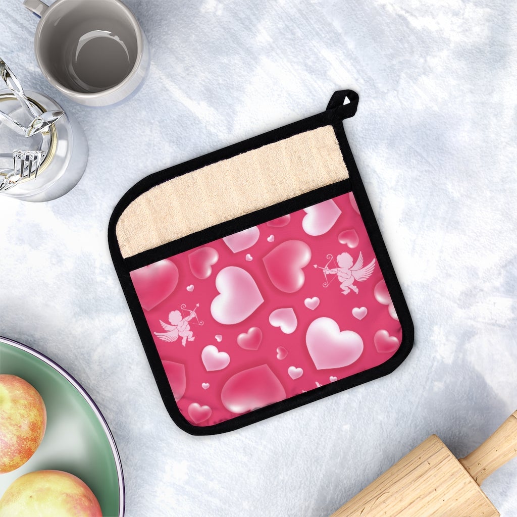 Cupid and Hearts Pot Holder with Pocket - Puffin Lime