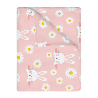 Smiling Bunnies and Daisies Velveteen Minky Blanket (Two-sided print)