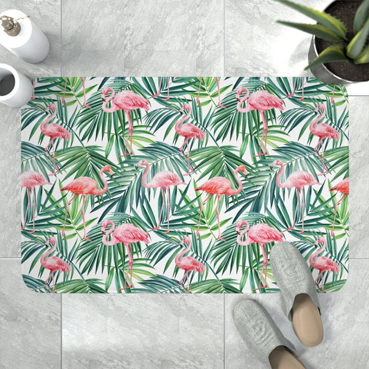 Pink Flamingos and Palm Leaves Memory Foam Bath Mat