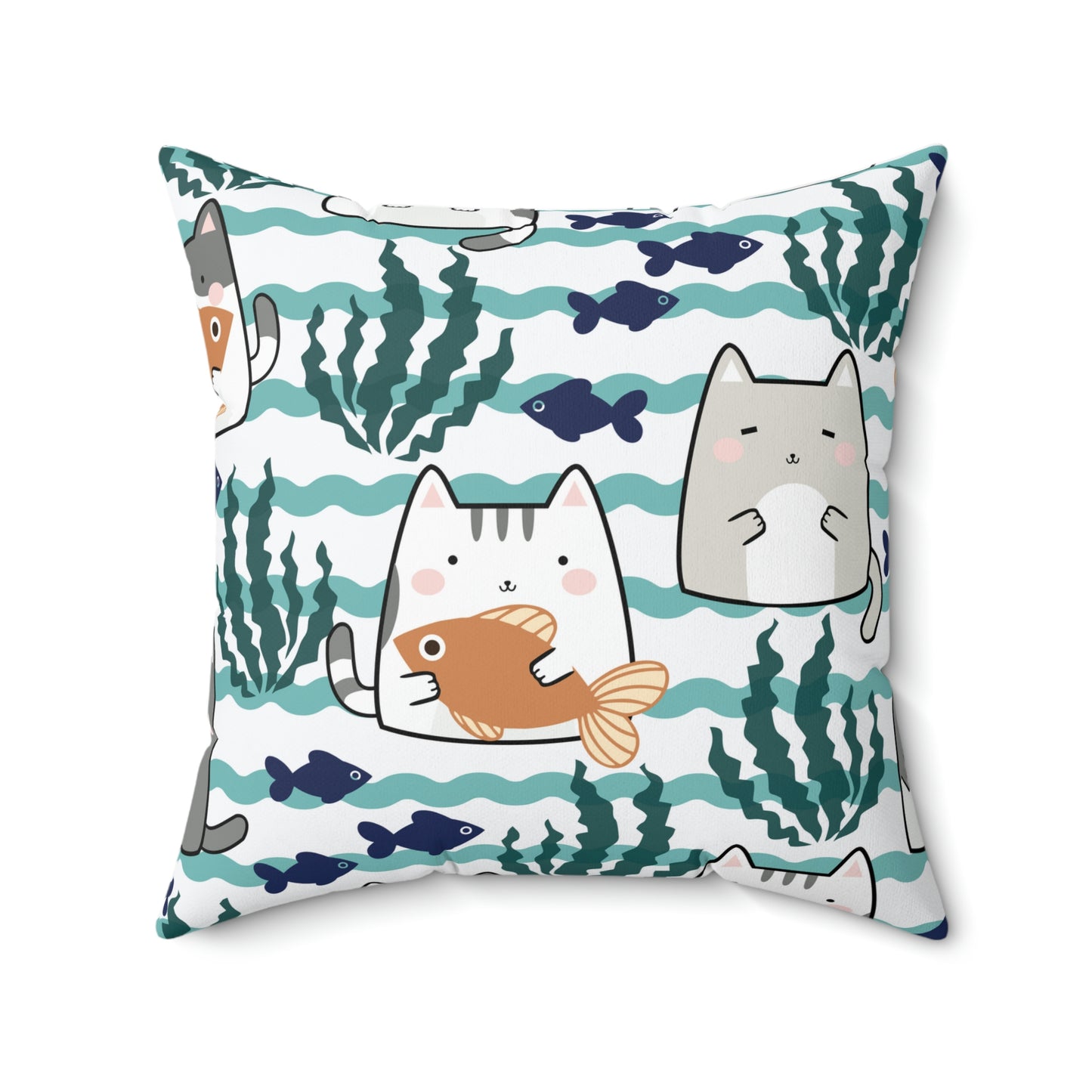 Kawaii Cats and Fishes Spun Polyester Square Pillow