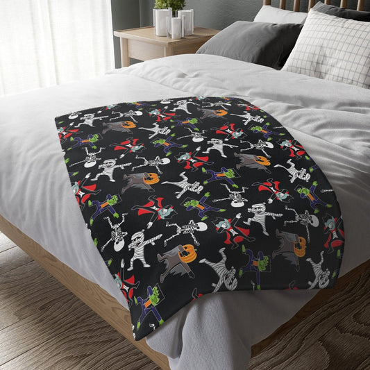 Dancing Halloween Monsters Velveteen Minky Blanket (Two-sided print) - Puffin Lime
