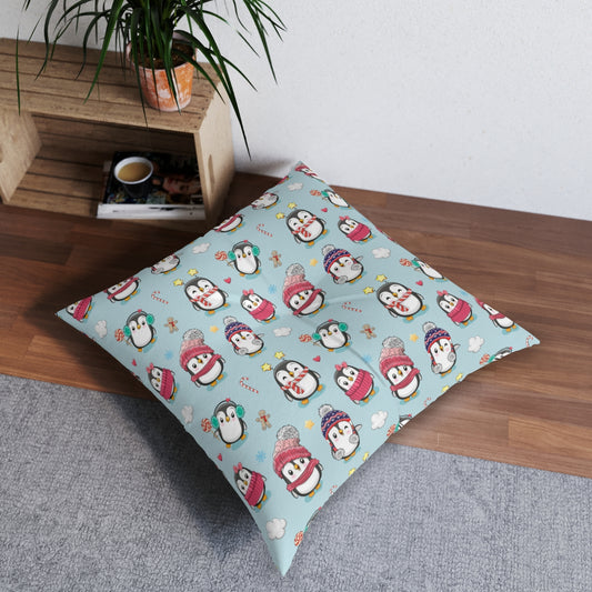 Penguins in Winter Clothes Square Tufted Floor Pillow