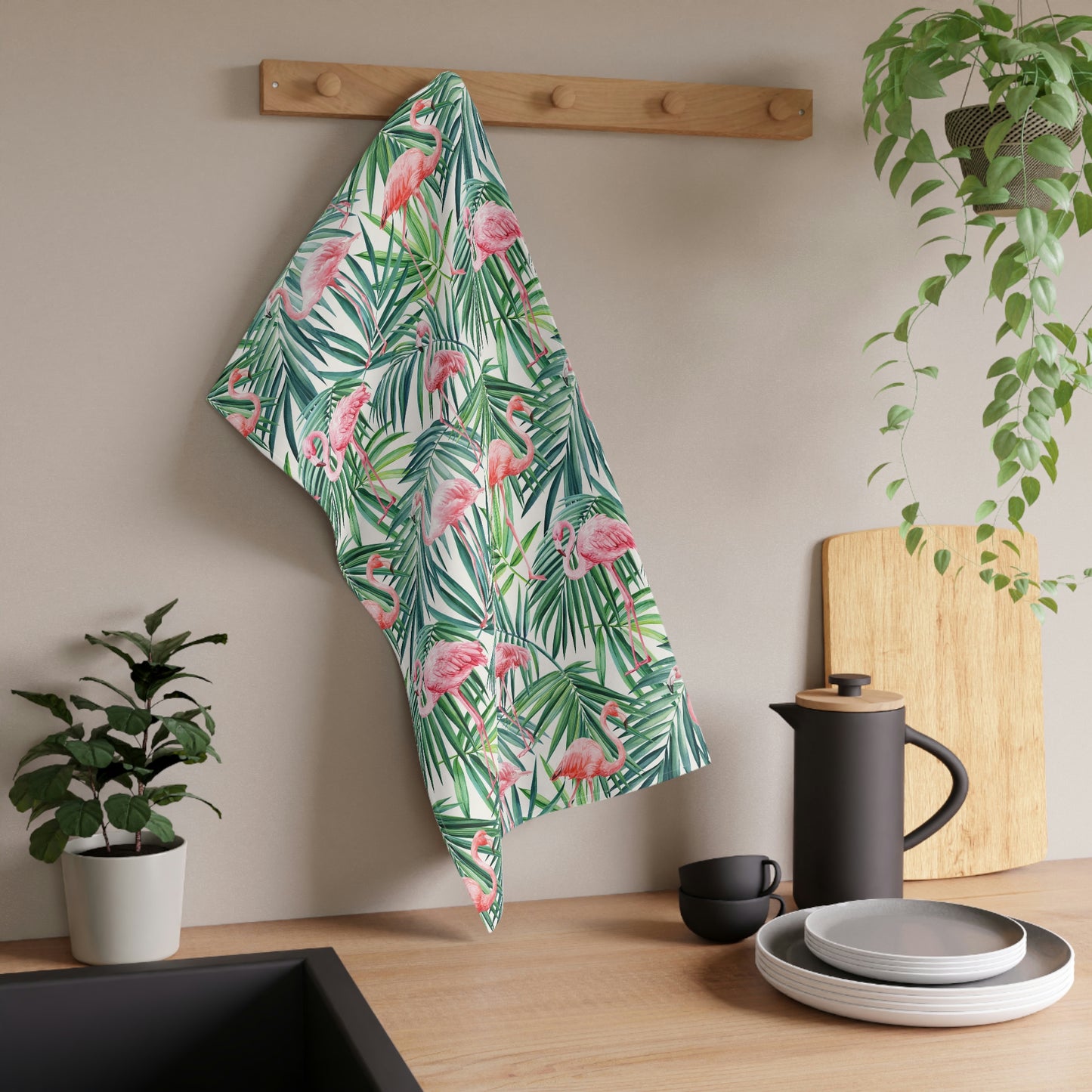 Pink Flamingos and Palm Leaves Kitchen Towel