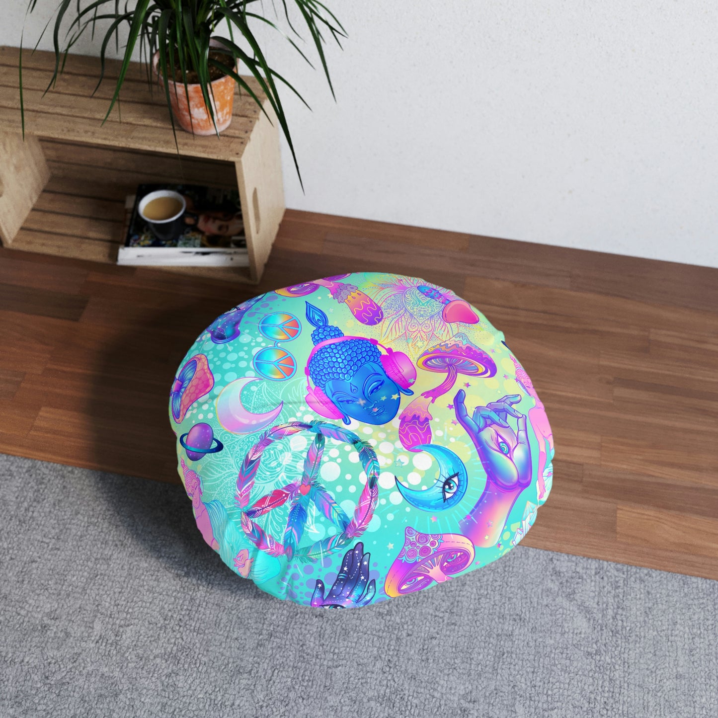 Buddha and Mushrooms Tufted Floor Pillow, Round