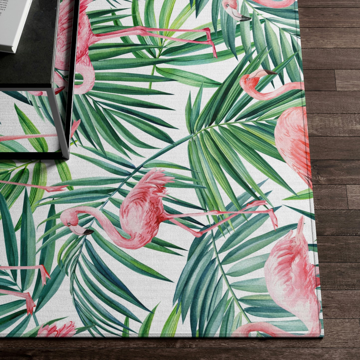 Pink Flamingos and Palm Leaves Indoor Rug