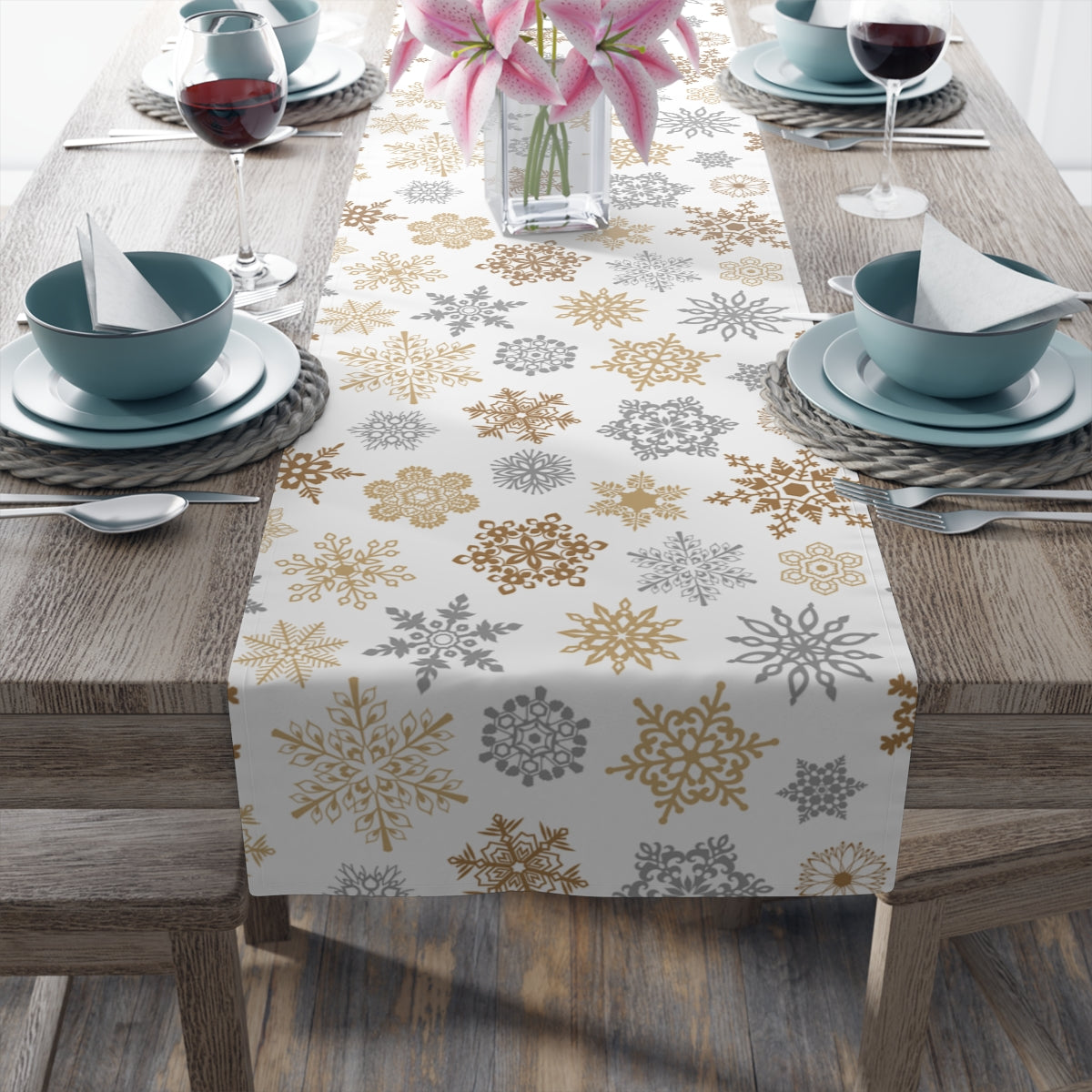 Gold and Silver Snowflakes Table Runner