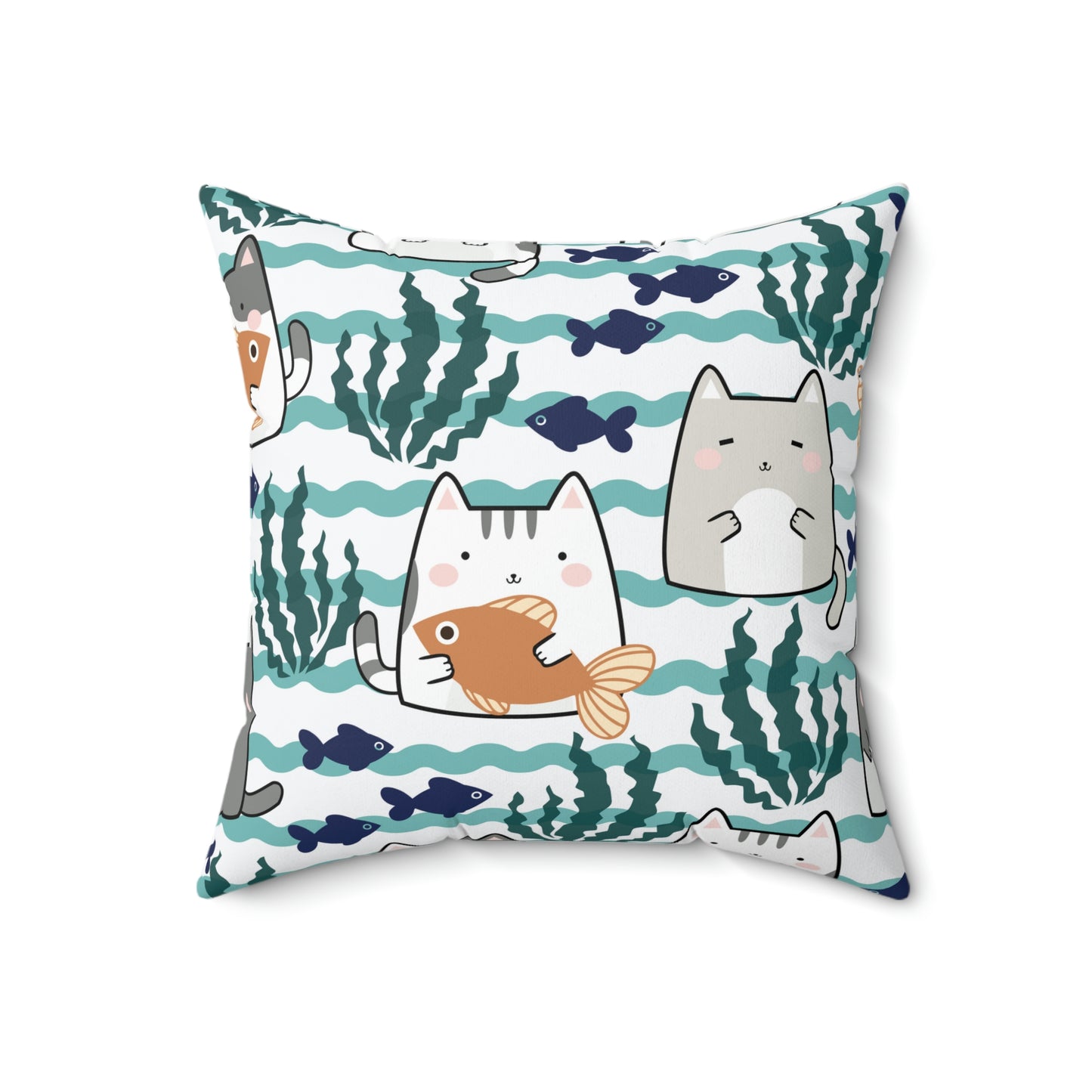 Kawaii Cats and Fishes Spun Polyester Square Pillow