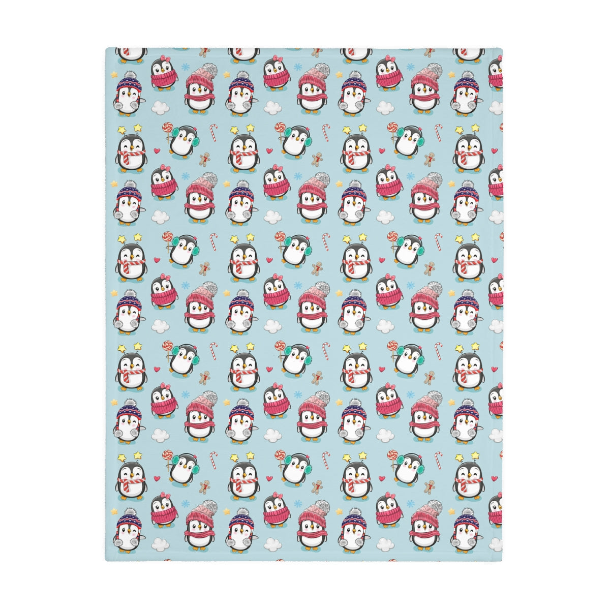 Penguins in Winter Clothes Velveteen Minky Blanket (Two-sided print)