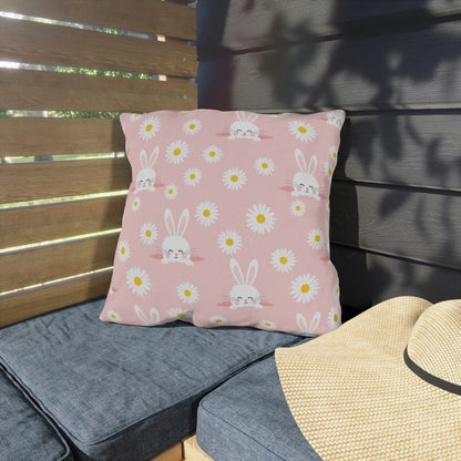 Smiling Bunnies and Daisies Outdoor Pillow