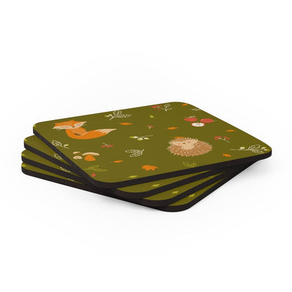 Fall Forest Animals and Fall Leaves Corkwood Coaster Set | Autumn Gifts For Home