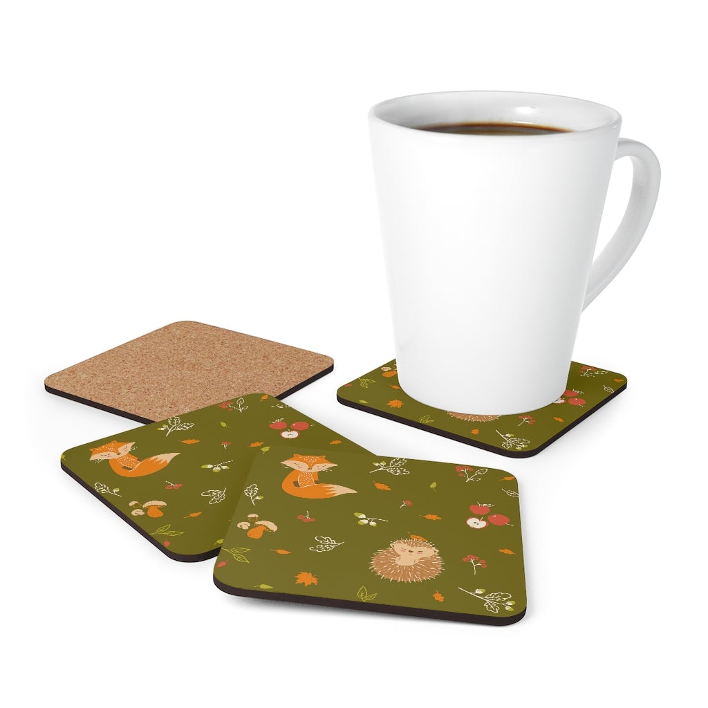 Fall Forest Animals and Fall Leaves Corkwood Coaster Set | Autumn Gifts For Home