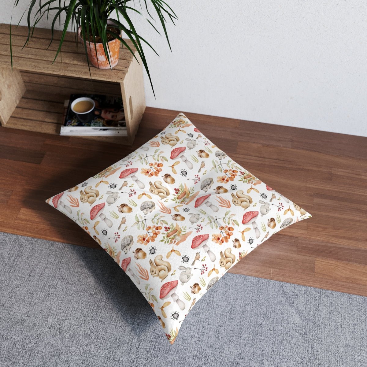 Fall Forest Animals Square Tufted Floor Pillow - Puffin Lime