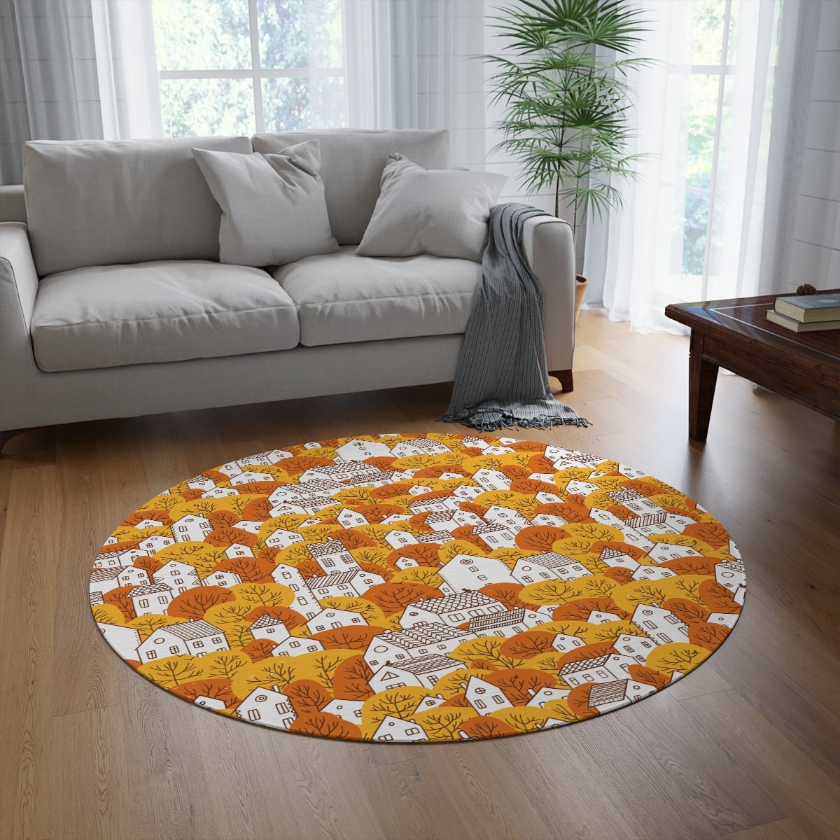 Fall Nordic Houses Round Rug - Puffin Lime