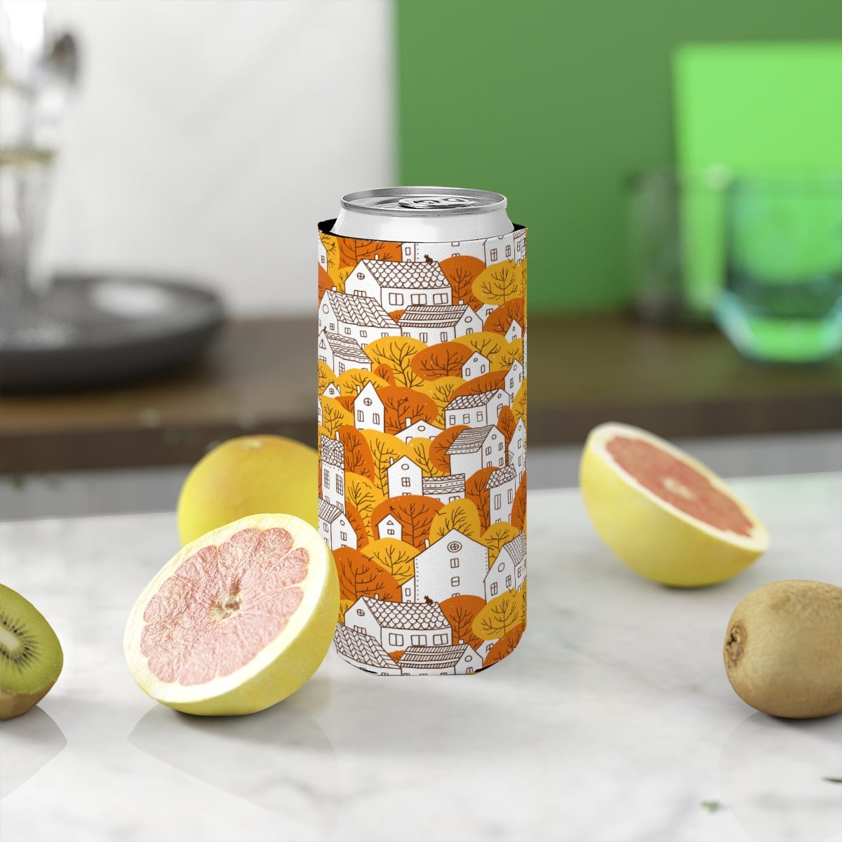 Fall Nordic Houses Slim Can Cooler - Puffin Lime