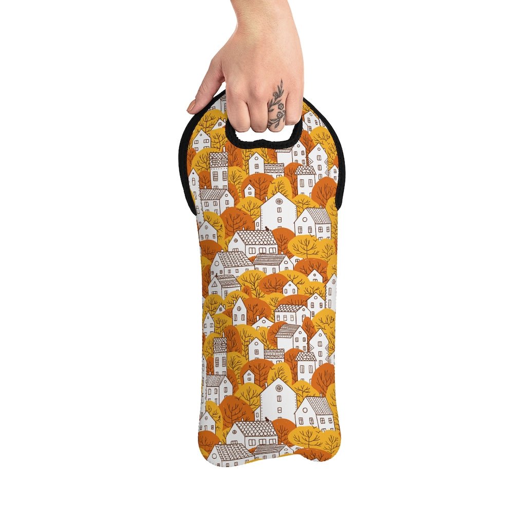 Fall Orange Leaves and Nordic Houses Wine Tote Bag - Puffin Lime