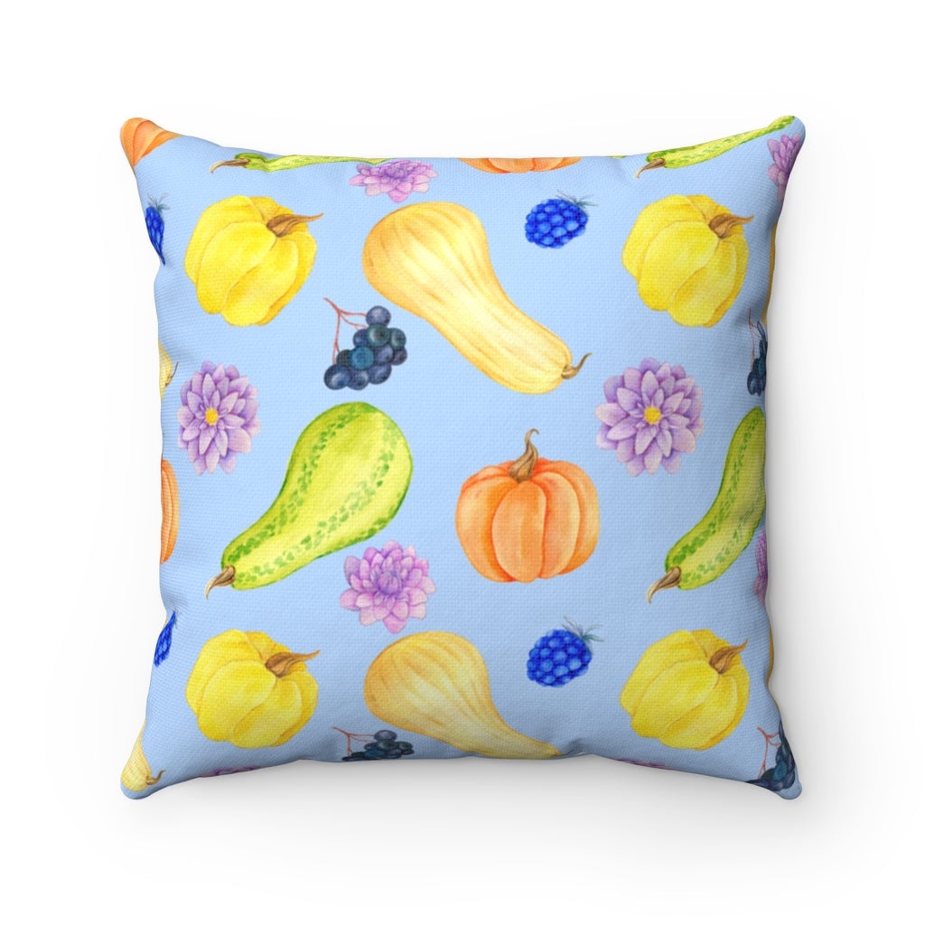 Fall Pillow Cover on Blue Background with Grapes, Pumpkins and Squash