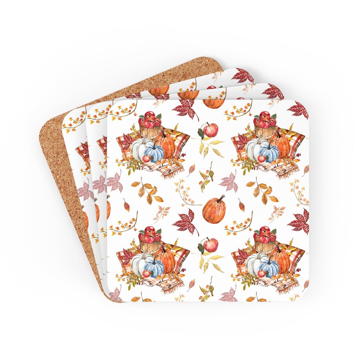 Fall Pumpkins and Apples Corkwood Coaster Set - Puffin Lime