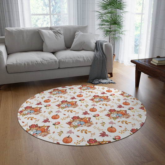 Fall Pumpkins and Apples Round Rug - Puffin Lime