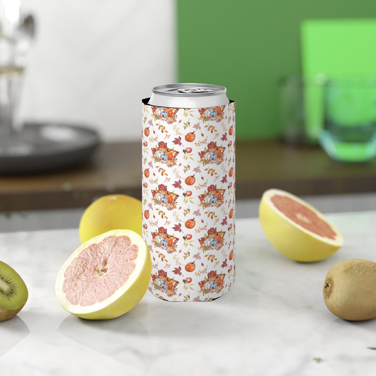 Fall Pumpkins and Apples Slim Can Cooler - Puffin Lime