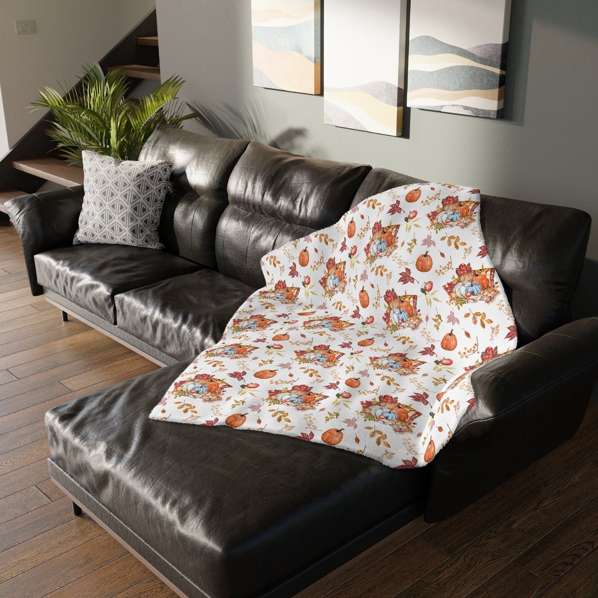 Fall Pumpkins and Apples Velveteen Minky Blanket (Two-sided print) - Puffin Lime