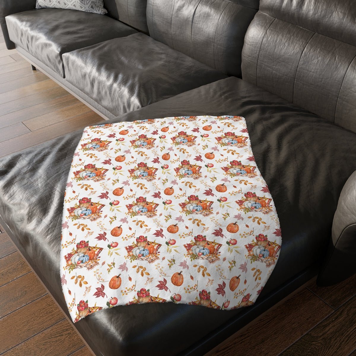 Fall Pumpkins and Apples Velveteen Minky Blanket (Two-sided print) - Puffin Lime