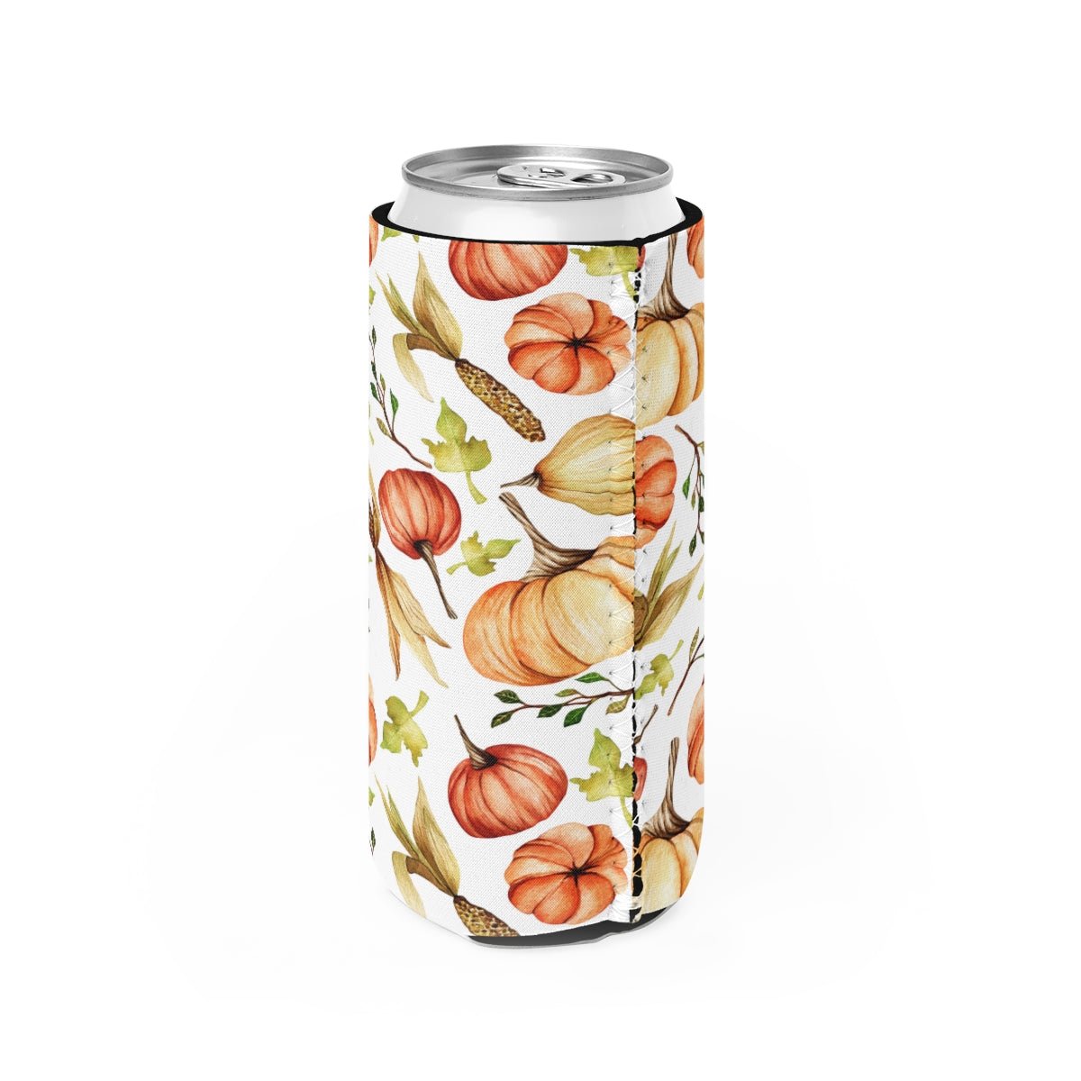 Fall Pumpkins and Corn Slim Can Cooler - Puffin Lime