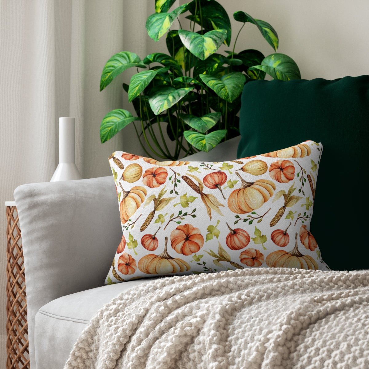 Fall Pumpkins and Corn Spun Polyester Lumbar Pillow - Puffin Lime