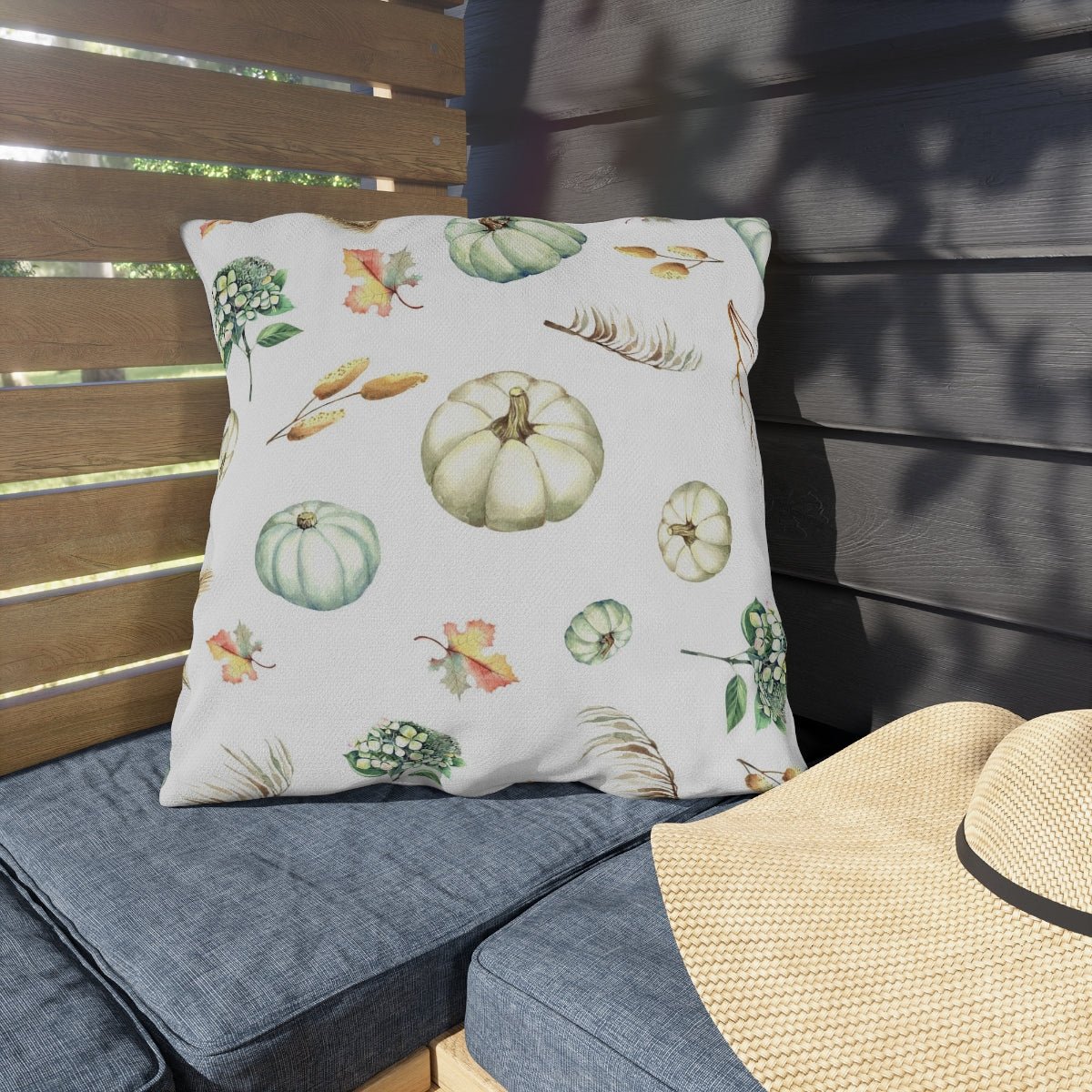 Fall Pumpkins and Leaves Outdoor Pillows - Puffin Lime