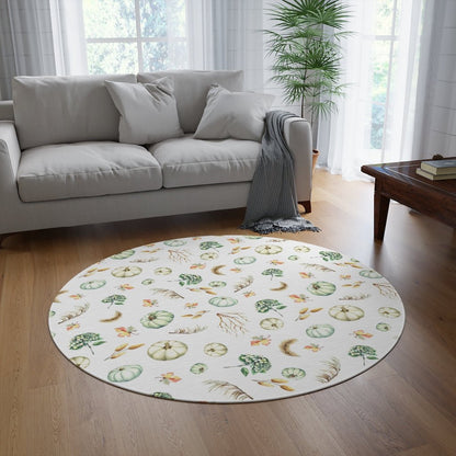 Fall Pumpkins and Leaves Round Rug - Puffin Lime