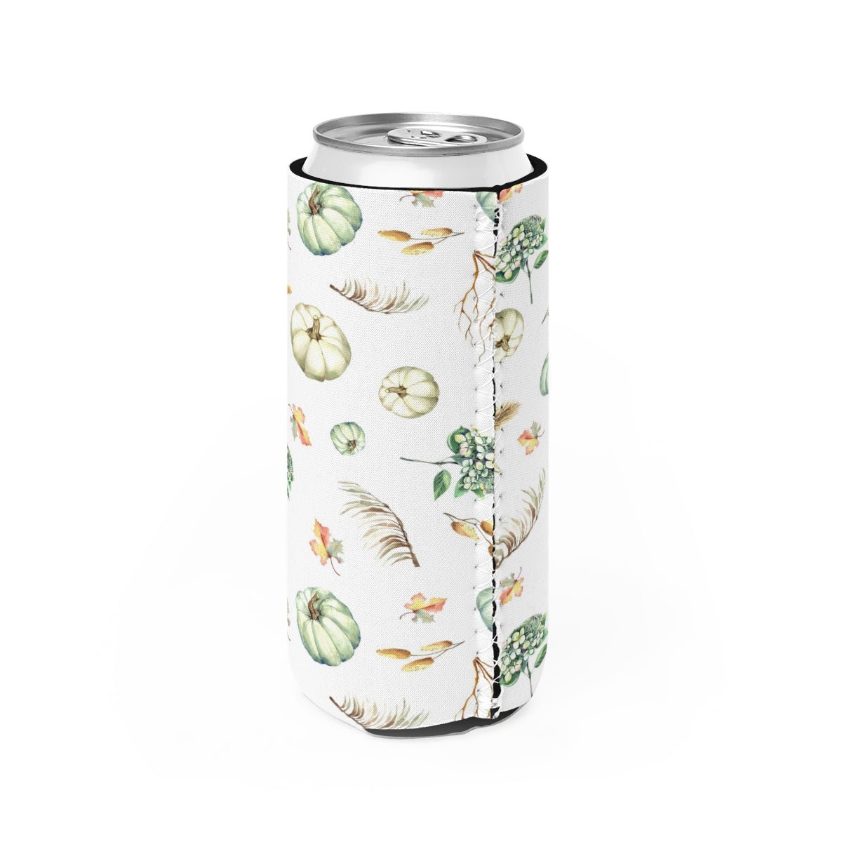 Fall Pumpkins and Leaves Slim Can Cooler - Puffin Lime