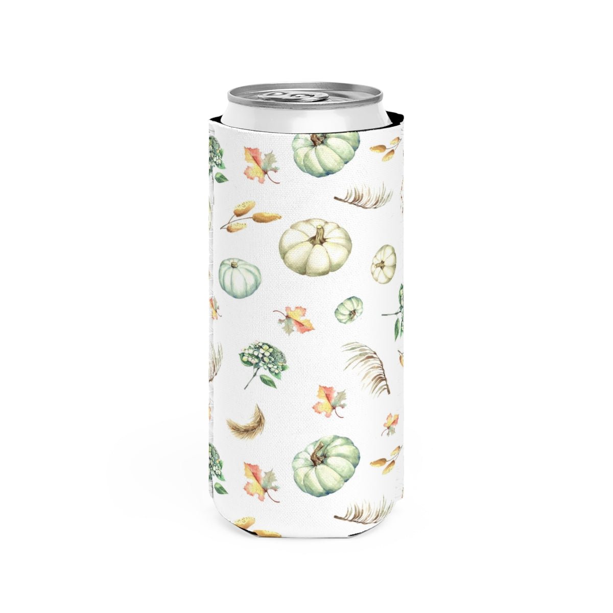 Fall Pumpkins and Leaves Slim Can Cooler - Puffin Lime