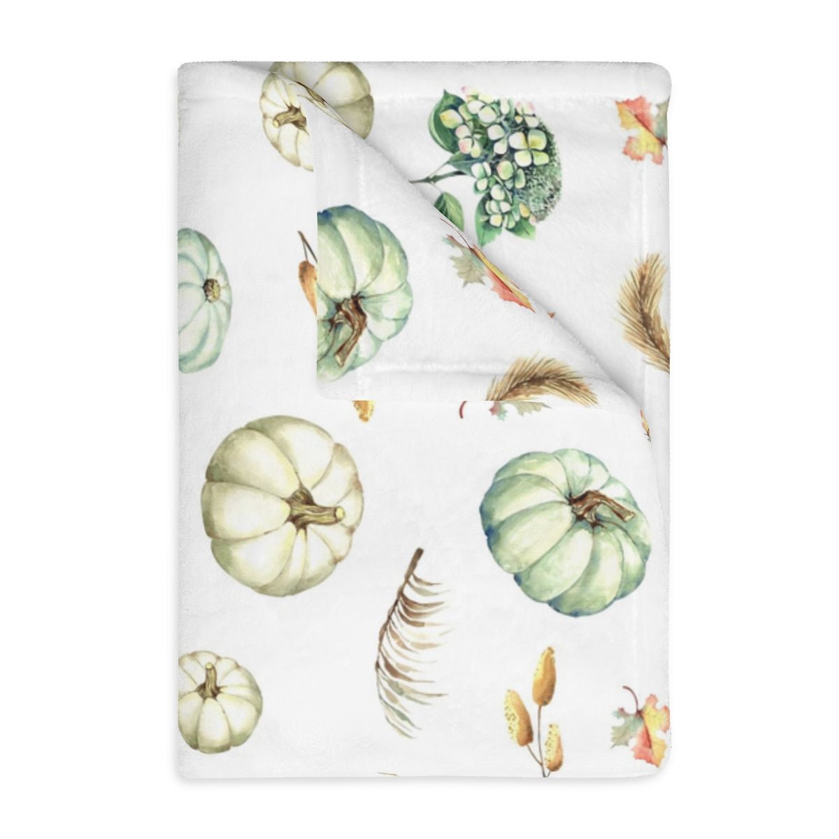 Fall Pumpkins and Leaves Velveteen Minky Blanket 40" × 30" (Two-sided print) - Puffin Lime