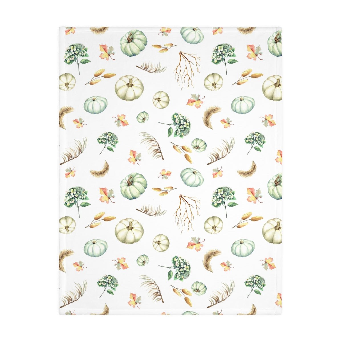 Fall Pumpkins and Leaves Velveteen Minky Blanket 40" × 30" (Two-sided print) - Puffin Lime