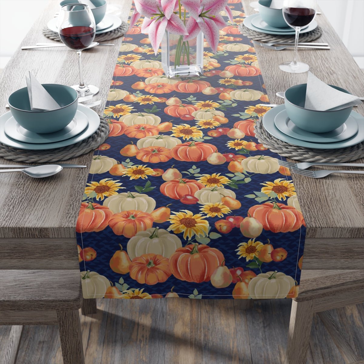 Fall Pumpkins and Sunflowers Table Runner - Puffin Lime