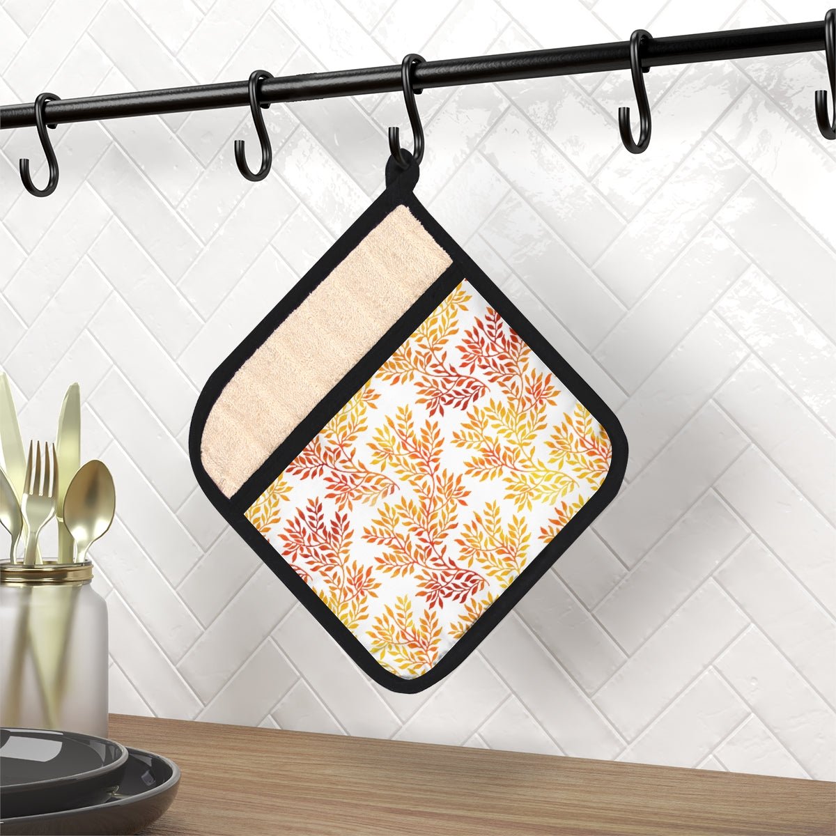 Fall Red and Orange Leaves Pot Holder with Pocket - Puffin Lime