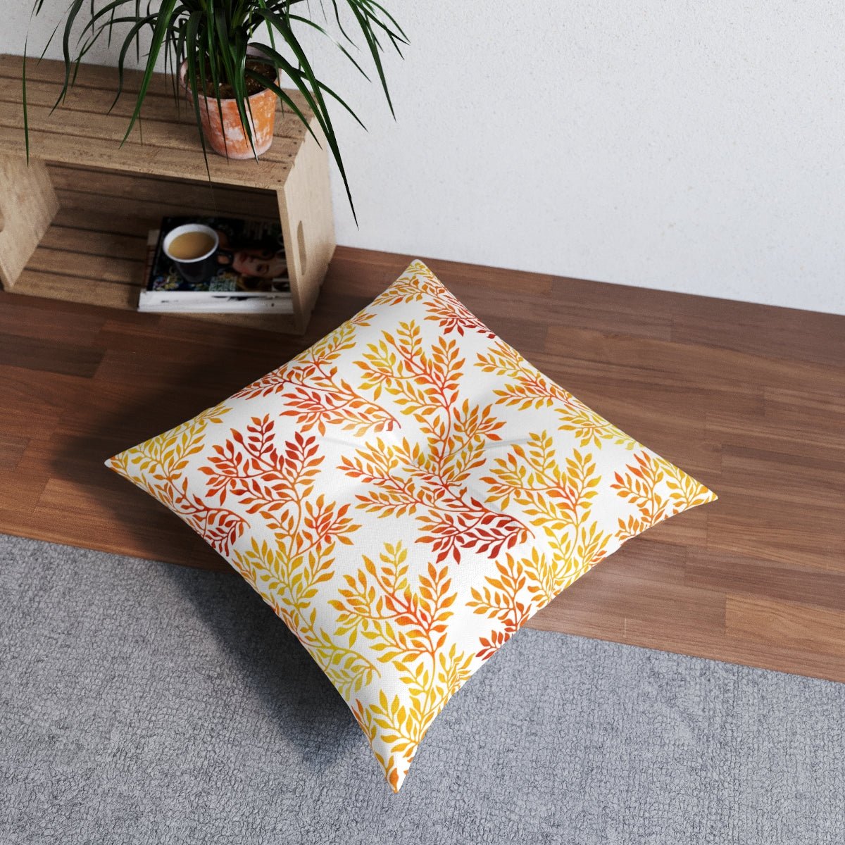 Fall Red and Orange Leaves Tufted Square Floor Pillow - Puffin Lime