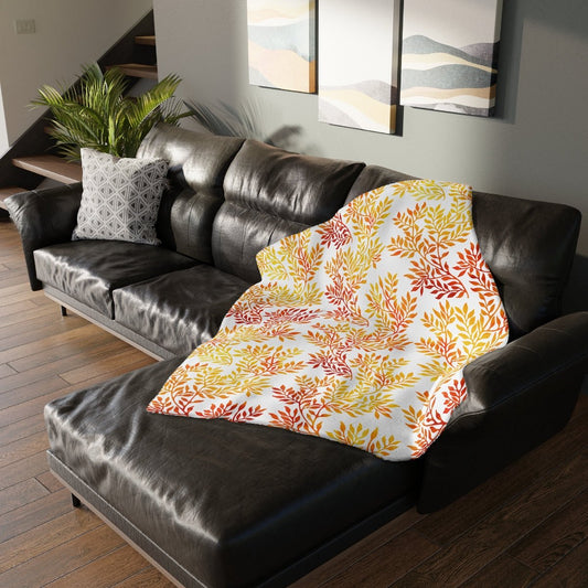 Fall Red and Orange Leaves Velveteen Minky Blanket (Two-sided print) - Puffin Lime