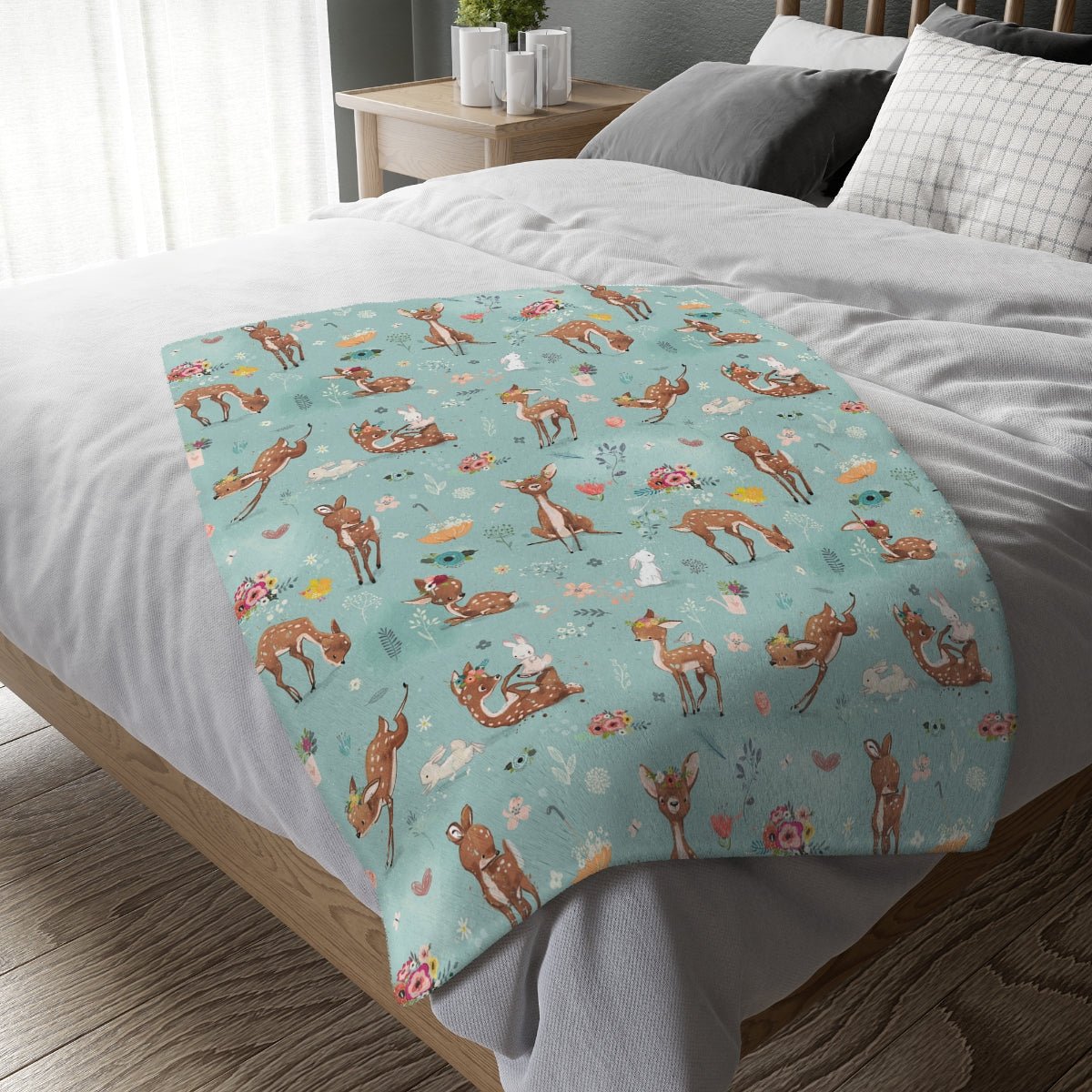 Fawns and Rabbits Velveteen Minky Blanket (Two-sided print) - Puffin Lime