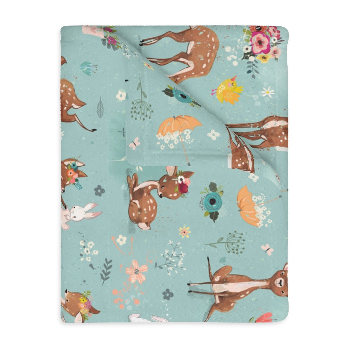 Fawns and Rabbits Velveteen Minky Blanket (Two-sided print) - Puffin Lime