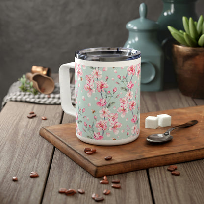 Cherry Blossoms and Honey Bees Insulated Coffee Mug, 10oz