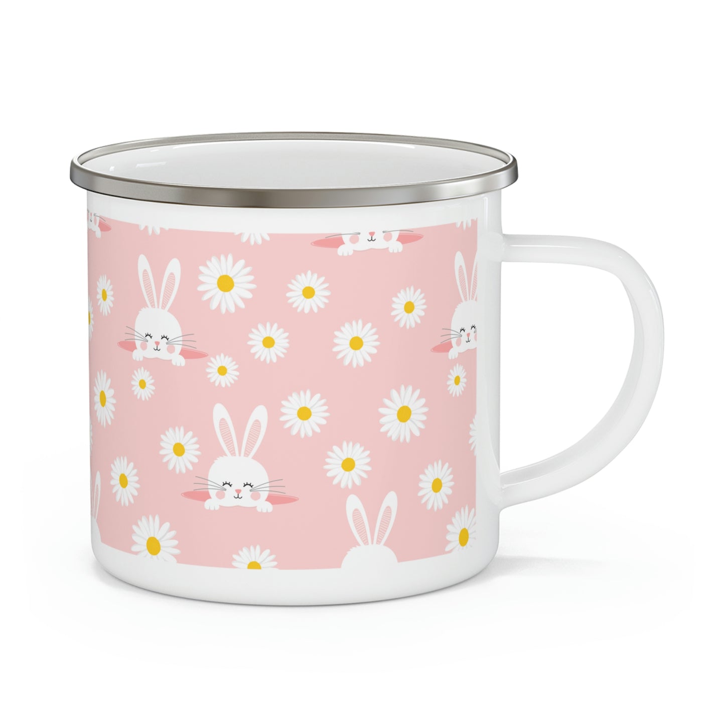 Smiling Bunnies and Daisies Enamel Camping Mug