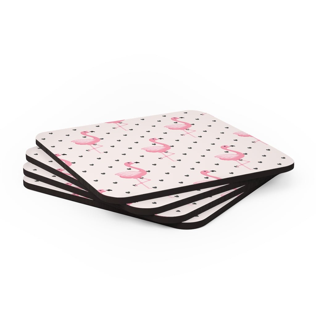 Flamingos and Hearts Corkwood Coaster Set - Puffin Lime