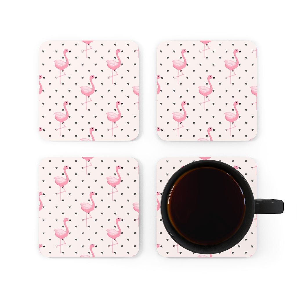 Flamingos and Hearts Corkwood Coaster Set - Puffin Lime