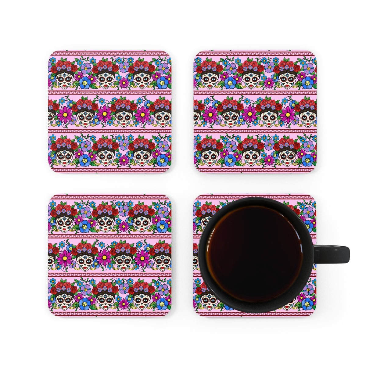 Flowers and Sugar Skulls Corkwood Coaster Set - Puffin Lime