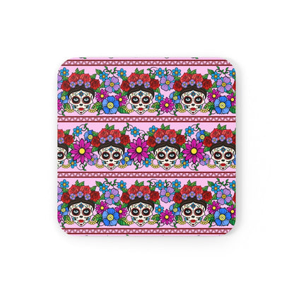 Flowers and Sugar Skulls Corkwood Coaster Set - Puffin Lime