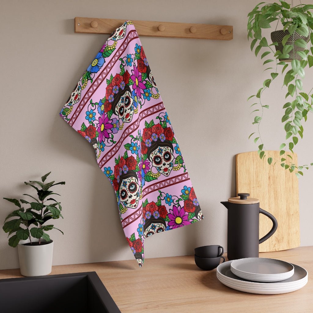 Flowers and Sugar Skulls Dish Towel - Puffin Lime