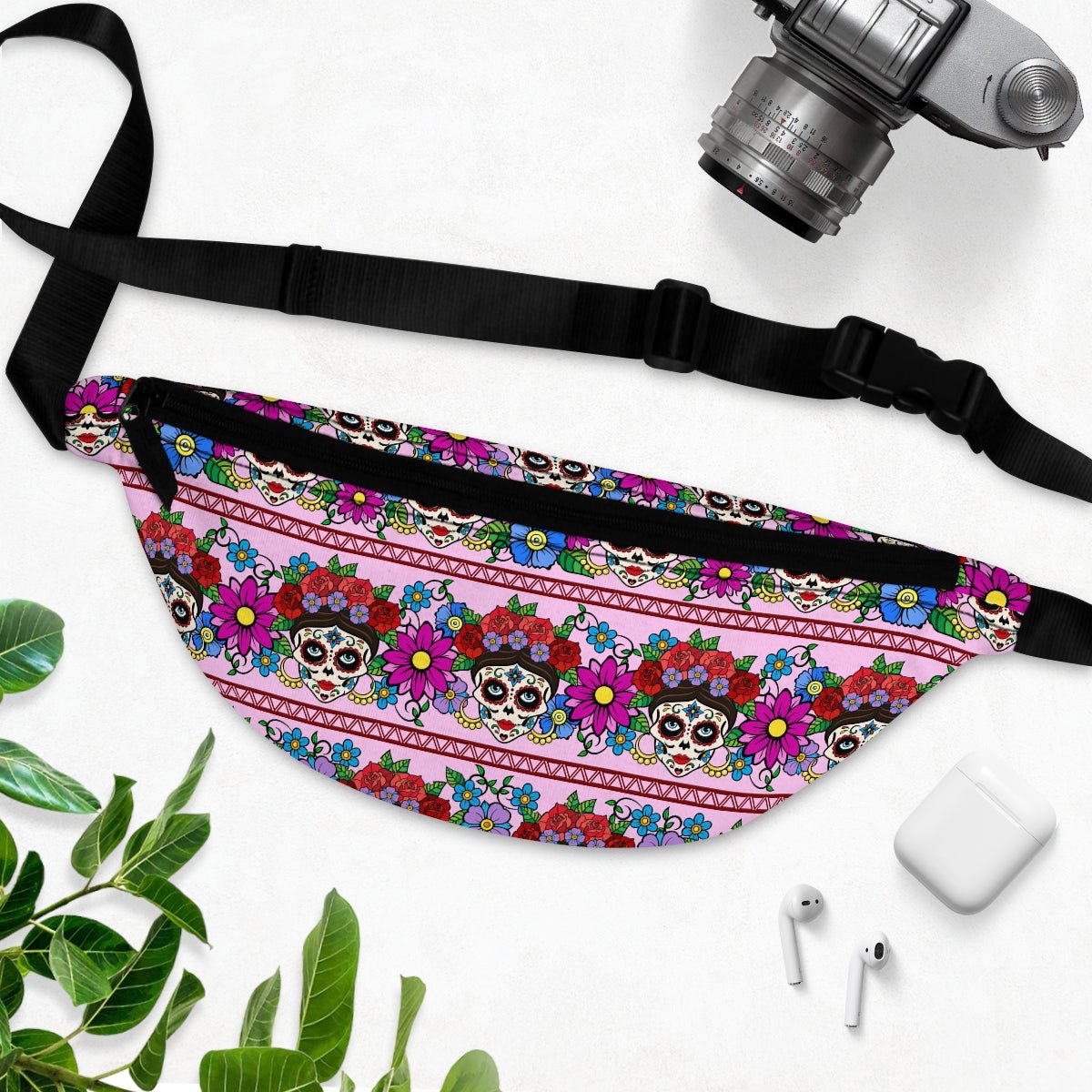 Flowers and Sugar Skulls Fanny Pack - Puffin Lime